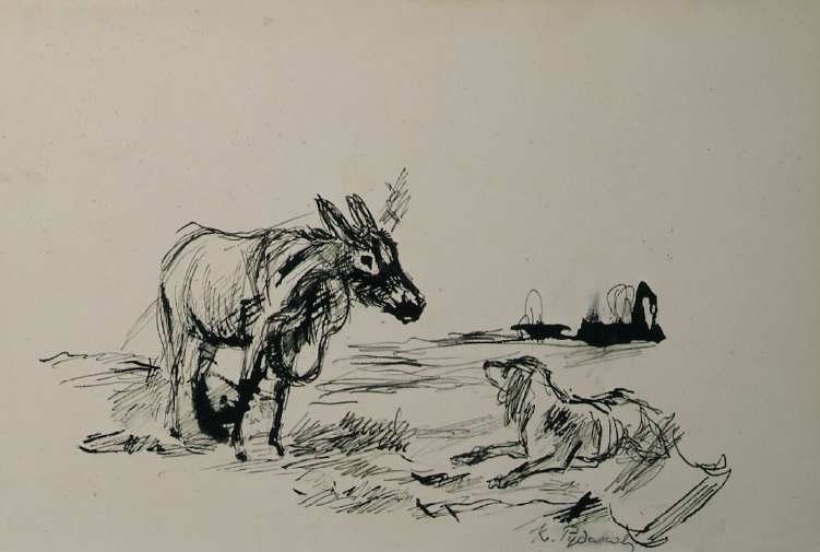 Der Esel und der Hund (nach dem Märchen der Brüder Grimm Die Bremer Stadtmusikanten) von Konstantin Iwanowitsch Rudakow, 1935.