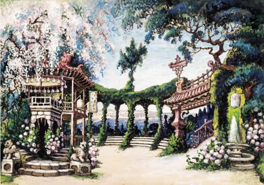 Bühnenbildentwurf zu Madama Butterfly am Kaiserlichen Mariinski-Theater in Sankt Petersburg von Konstantin Andreevich Somov.