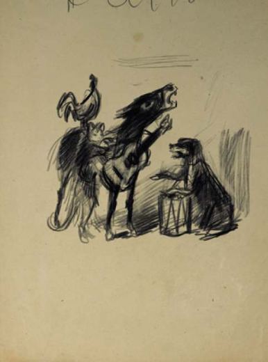 Der Esel, der Hahn und der Hund (nach dem Märchen der Brüder Grimm Die Bremer Stadtmusikanten) von Konstantin Iwanowitsch Rudakow, 1935.