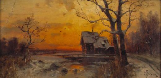 Izba bei Sonnenuntergang von Khariton Platonovich Platonov, 1890.