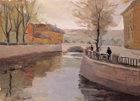 Petrograd. Jekaterininski-Kanal mit rotem Haus von Mstislaw Walerianowitsch Dobutschinskij, 1921.